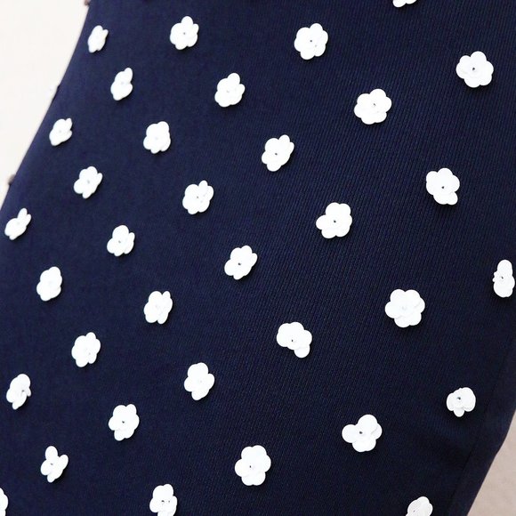 Michael Kors Navy Blue White Sequins Floral Rosette Embellished Knit Midi Dress - Picture 14 of 16